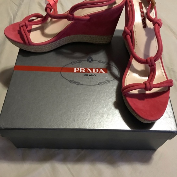 PRADA - CORAL SUEDE LEATHER WOVEN ROPE PLATFORM - Picture 2 of 3